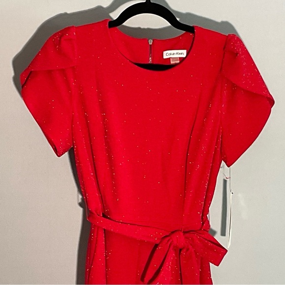 Calvin Klein Sz 10 Vibrant Red Slinky, Sparkly Jumpsuit, Zippered Back, Tie Belt - Picture 11 of 16